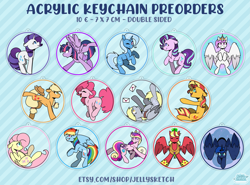 Size: 4093x3031 | Tagged: safe, artist:jellysketch, applejack, big macintosh, derpy hooves, fluttershy, pinkie pie, princess cadance, princess celestia, princess luna, rainbow dash, rarity, starlight glimmer, trixie, twilight sparkle, alicorn, earth pony, pegasus, pony, unicorn, g4, alicornified, keychain, merchandise, princess big mac, promotional art, race swap, sunset, twilight sparkle (alicorn)