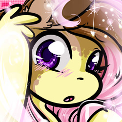 Size: 1050x1050 | Tagged: safe, artist:xizana, fluttershy, pegasus, pony, g4, blushing, bust, colored hooves, furry to pony, looking at you, open mouth, portrait, solo, transformation