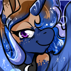 Size: 1050x1050 | Tagged: safe, artist:xizana, princess luna, alicorn, pony, g4, bust, furry to pony, looking at you, portrait, smiling, solo, transformation