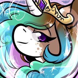 Size: 1050x1050 | Tagged: safe, artist:xizana, princess celestia, pony, g4, black lines, bust, furry to pony, portrait, smiling, smirk, solo, transformation