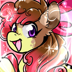 Size: 1050x1050 | Tagged: safe, artist:xizana, apple bloom, earth pony, pony, g4, bust, colored hooves, eye clipping through hair, furry to pony, looking at you, open mouth, open smile, smiling, solo, transformation