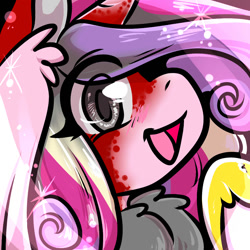 Size: 1050x1050 | Tagged: safe, artist:xizana, princess cadance, alicorn, pony, g4, blushing, bust, eye clipping through hair, female, furry to pony, looking at you, mare, open mouth, open smile, portrait, smiling, solo, transformation