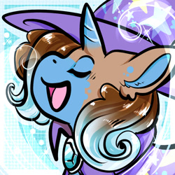 Size: 1050x1050 | Tagged: safe, artist:xizana, trixie, pony, unicorn, g4, bust, cape, clothes, eyes closed, furry to pony, hat, open mouth, portrait, smiling, solo, transformation, trixie's cape, trixie's hat