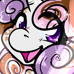 Size: 1050x1050 | Tagged: safe, artist:xizana, sweetie belle, pony, g4, blushing, bust, eye clipping through hair, furry to pony, looking at you, open mouth, open smile, portrait, smiling, solo, transformation