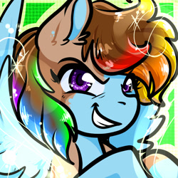 Size: 1050x1050 | Tagged: safe, artist:xizana, rainbow dash, pegasus, pony, g4, bust, female, furry to pony, grin, looking at you, mare, portrait, smiling, smiling at you, solo, spread wings, transformation, wings