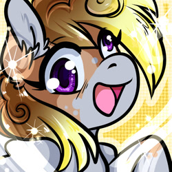 Size: 1050x1050 | Tagged: safe, artist:xizana, derpy hooves, pegasus, pony, g4, bust, furry to pony, open mouth, open smile, portrait, smiling, solo, transformation