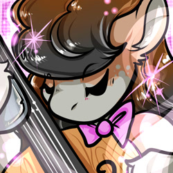 Size: 1050x1050 | Tagged: safe, artist:xizana, octavia melody, earth pony, pony, g4, bowtie, bust, cello, colored hooves, eyebrows, eyebrows visible through hair, eyes closed, female, furry to pony, mare, musical instrument, octavia's bowtie, portrait, solo, transformation, unshorn fetlocks