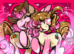 Size: 2251x1637 | Tagged: safe, artist:xizana, pinkie pie, oc, earth pony, pony, g4, colored hooves, duo, eye clipping through hair, eyes closed, furry to pony, open mouth, open smile, side hug, smiling, transformation, transformation sequence