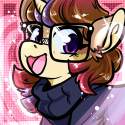 Size: 1050x1050 | Tagged: safe, artist:xizana, moondancer, pony, unicorn, g4, bust, clothes, furry to pony, glasses, open mouth, open smile, smiling, solo, sweater, transformation