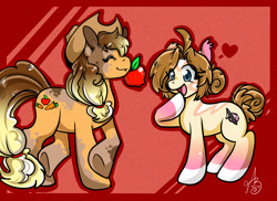 Size: 2251x1637 | Tagged: safe, artist:xizana, applejack, oc, earth pony, pony, g4, apple, colored hooves, crossed hooves, duo, eye clipping through hair, food, furry to pony, heart, open mouth, open smile, smiling, transformation