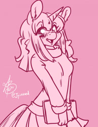 Size: 1687x2184 | Tagged: safe, artist:xizana, oc, oc only, unicorn, anthro, blushing, book, clothes, eye clipping through hair, female, long sleeves, monochrome, open mouth, open smile, skirt, smiling, solo