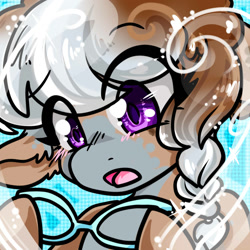 Size: 1400x1400 | Tagged: safe, artist:xizana, silver spoon, earth pony, pony, g4, blushing, bust, eye clipping through hair, furry to pony, glasses, holding, open mouth, portrait, shocked, solo, transformation