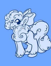 Size: 1687x2184 | Tagged: safe, artist:xizana, oc, oc only, earth pony, pony, blank flank, bow, curly mane, eye clipping through hair, female, hair bow, monochrome, open mouth, open smile, smiling, solo, unshorn fetlocks