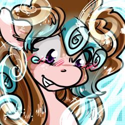 Size: 1400x1400 | Tagged: safe, artist:xizana, cozy glow, pony, g4, blushing, bust, eye clipping through hair, furry to pony, grin, gritted teeth, portrait, smiling, solo, teary eyes, teeth, transformation