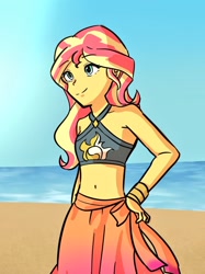 Size: 764x1024 | Tagged: safe, artist:sugarcube269, sunset shimmer, human, equestria girls, g4, my little pony equestria girls: better together, bare shoulders, beach, belly button, clothes, female, hand on hip, ocean, sarong, sleeveless, solo, swimsuit, water