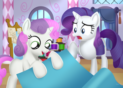 Size: 3500x2500 | Tagged: safe, artist:leonkay, rarity, sweetie belle, pony, unicorn, g4, sisterhooves social, belle sisters, concerned, duo, duo female, fabric, female, filly, foal, high res, mare, open mouth, open smile, scene interpretation, siblings, sisters, smiling, worried