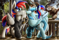 Size: 1750x1168 | Tagged: safe, artist:jamescorck, oc, oc only, pegasus, pony, red panda, clothes, female, filly, foal, hoodie, mare