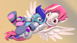 Size: 5040x2835 | Tagged: safe, artist:nightietime, oc, oc only, oc:evening skies, oc:sierra nightingale, 3d, :p, brother and sister, clothes, female, flying, hug, male, siblings, socks, striped socks, tongue out