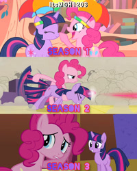 Size: 2458x3072 | Tagged: safe, edit, edited screencap, editor:itsmgh1203, screencap, pinkie pie, twilight sparkle, earth pony, pony, unicorn, a canterlot wedding, feeling pinkie keen, g4, season 1, season 2, season 3, too many pinkie pies, cute, diapinkes, duo, duo female, eyes closed, female, frown, golden oaks library, grin, high res, lesbian, magic, mare, open mouth, open smile, ponyville town hall, ship:twinkie, shipping, smiling, telekinesis, text, twiabetes, twigun, unicorn twilight