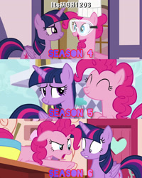 Size: 2458x3072 | Tagged: safe, edit, edited screencap, editor:itsmgh1203, screencap, pinkie pie, twilight sparkle, alicorn, earth pony, pony, amending fences, g4, maud pie (episode), ppov, season 4, season 5, season 6, ^^, chef's hat, cute, diapinkes, duo, duo female, eyes closed, female, floppy ears, goggles, hat, high res, lesbian, looking at each other, looking at someone, mare, open mouth, open smile, pointing, ship:twinkie, shipping, smiling, smiling at each other, sugarcube corner, text, twilight sparkle (alicorn)