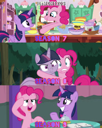 Size: 2458x3072 | Tagged: safe, edit, edited screencap, editor:itsmgh1203, screencap, mean twilight sparkle, pinkie pie, twilight sparkle, alicorn, earth pony, pony, a trivial pursuit, g4, season 7, season 8, season 9, secrets and pies, the mean 6, aweeg*, chocolate, duo, duo female, female, food, frown, grin, high res, hug, lesbian, mare, open mouth, open smile, puffy cheeks, ship:twinkie, shipping, smiling, sugarcube corner, text, twilight sparkle (alicorn)