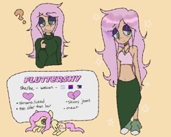 Size: 1024x819 | Tagged: safe, artist:darkwebdizzy, fluttershy, human, g4, bisexual pride flag, female, gender headcanon, headcanon, humanized, midriff, pride, pride flag, question mark, sexuality headcanon, simple background, solo, trans female, trans fluttershy, transgender, transgender pride flag