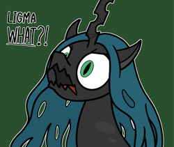 Size: 2048x1730 | Tagged: safe, artist:ewoudcponies, queen chrysalis, changeling, changeling queen, g4, bust, female, green background, ligma, open mouth, question, simple background, slit pupils, solo, white sclera