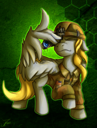 Size: 949x1250 | Tagged: safe, artist:jamescorck, derpy hooves, pony, g4, clothes, goggles, helmet, military pony, military uniform, night vision goggles, solo, uniform, wing hands, wings