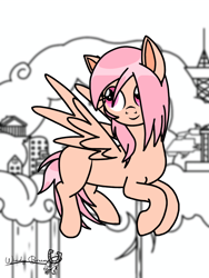 Size: 1536x2048 | Tagged: safe, artist:windy breeze, oc, oc only, oc:thunder light, pegasus, pony, fallout equestria, city, cloud city, cute, flying, ocbetes, pink eyes, pink mane, signature, sketch, smiling, solo, spread wings, wings