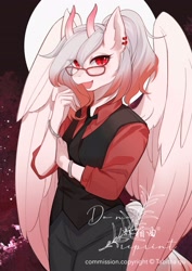 Size: 2480x3508 | Tagged: safe, artist:tabithaqu, oc, oc only, pegasus, anthro, clothes, female, glasses, high res, horns, necktie, pants, solo