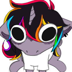 Size: 320x320 | Tagged: safe, artist:woofpoods, oc, oc only, oc:strobestress, pony, unicorn, clothes, derp, ear fluff, ear piercing, earring, funny, jewelry, looking at you, meme, messy hair, messy mane, multicolored hair, piercing, rainbow hair, shirt, simple background, solo, staring at you, staring into your soul, t-shirt, tired eyes, transparent background, white shirt