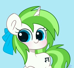 Size: 1329x1228 | Tagged: safe, artist:starbatto, oc, oc only, oc:minty root, pony, unicorn, blushing, bow, hair bow, simple background, solo