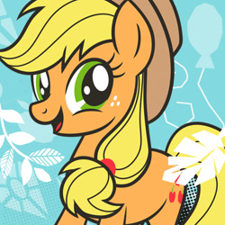 Size: 1000x1000 | Tagged: safe, applejack, earth pony, pony, g4, official, abstract background, avatar, cute, female, jackabetes, mare, open mouth, open smile, profile picture, smiling, solo