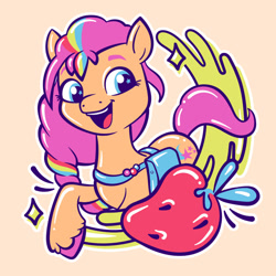 Size: 992x992 | Tagged: safe, sunny starscout, earth pony, pony, g5, official, abstract background, avatar, cute, emanata, female, food, fruit, mane stripe sunny, mare, open mouth, open smile, pastel, profile picture, smiling, solo, sparkles, stars, strawberry, sunnybetes, wingding eyes