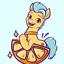 Size: 995x993 | Tagged: safe, hitch trailblazer, earth pony, pony, g5, official, abstract background, avatar, cute, emanata, food, fruit, hitchbetes, hoof on chest, looking at you, male, open mouth, open smile, orange, pastel, profile picture, raised hoof, slice, smiling, smiling at you, solo, sparkles, stallion, stars, wingding eyes