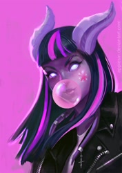 Size: 707x1000 | Tagged: safe, artist:applesindraws, twilight sparkle, draenei, g4, bubblegum, crossover, female, food, gum, horns, purple background, simple background, solo, warcraft, world of warcraft