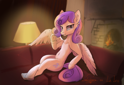 Size: 4143x2860 | Tagged: safe, artist:salisburia_, oc, oc only, pegasus, pony, belly button, commission, couch, fireplace, la iris, lamp, room, solo, underhoof
