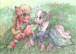 Size: 2326x1650 | Tagged: safe, artist:taski-guru, big macintosh, cheerilee, earth pony, pony, g4, clothes, daily deviation, dress, eye contact, female, flower, flower in hair, fluffy, grin, lidded eyes, looking at each other, looking at someone, male, raised hoof, ship:cheerimac, shipping, smiling, stallion, straight