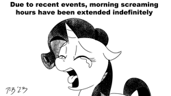 Size: 1200x675 | Tagged: safe, artist:pony-berserker, rarity, pony, unicorn, pony-berserker's twitter sketches, pony-berserker's twitter sketches (2023), g4, crying, marshmelodrama, monochrome, rarity being rarity, screaming, simple background, solo, tongue out, white background