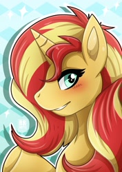 Size: 1448x2048 | Tagged: safe, artist:revie_rae, sunset shimmer, pony, unicorn, g4, bust, female, portrait, profile, solo