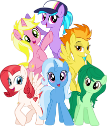 Size: 1920x2252 | Tagged: safe, artist:hanyiu, azure velour, diamond rose, spitfire, sunshine smiles, trixie, wallflower blush, earth pony, pegasus, pony, unicorn, g4, alternate universe, simple background, transparent background, vector