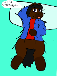 Size: 512x680 | Tagged: safe, artist:cavewolfphil, oc, oc only, earth pony, pony, bed, clothes, jacket, lying down, lying on bed, male, nap, on bed, pillow, relaxing, shirt, speech bubble, stallion