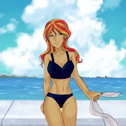 Size: 1280x1280 | Tagged: safe, artist:sugarcube269, sunset shimmer, human, equestria girls, g4, breasts, clothes, female, solo, swimsuit, water