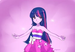 Size: 2048x1431 | Tagged: safe, artist:sugarcube269, twilight sparkle, human, equestria girls, g4, my little pony equestria girls, bare shoulders, clothes, dress, fall formal outfits, female, scene interpretation, sleeveless, sleeveless dress, solo, strapless, strapless dress, this is our big night