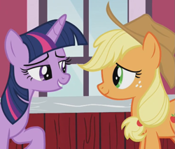 Size: 727x621 | Tagged: safe, screencap, applejack, twilight sparkle, alicorn, earth pony, pony, g4, harvesting memories, my little pony: friendship is forever, bedroom eyes, cropped, duo, eye contact, female, looking at each other, looking at someone, mare, smiling, sweet apple acres, sweet apple acres barn, twilight sparkle (alicorn)
