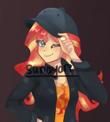 Size: 746x828 | Tagged: safe, artist:sunayan, sunset shimmer, human, display of affection, equestria girls, g4, my little pony equestria girls: better together, female, flanksy, hat, scene interpretation, simple background, solo