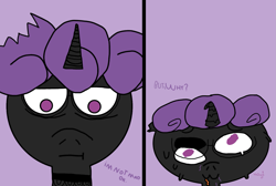 Size: 2203x1480 | Tagged: safe, artist:hexals, oc, oc only, oc:hexaline equeeb, oc:peppaline hequeeb, pony, unicorn, 1000 hours in ms paint, bags under eyes, bite mark, clone, glasses, melting, purple background, purple eyes, purple mane, simple background, tongue out