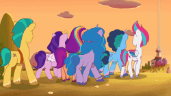 Size: 856x480 | Tagged: safe, screencap, hitch trailblazer, izzy moonbow, misty brightdawn, pipp petals, sunny starscout, zipp storm, earth pony, pegasus, pony, unicorn, as the misty clears, g5, my little pony: tell your tale, spoiler:g5, spoiler:my little pony: tell your tale, spoiler:tyts01e53, animated, coat markings, crystal brighthouse, evil grin, fake cutie mark, female, gif, grin, littering, male, mane five, mane six (g5), mane stripe sunny, mare, non-looping gif, smiling, socks (coat markings), stallion, trash, walking