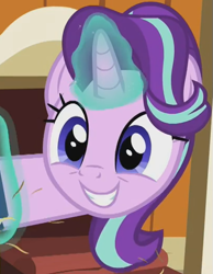 Size: 407x525 | Tagged: safe, screencap, starlight glimmer, pony, unicorn, g4, harvesting memories, my little pony: friendship is forever, apple, apple tree, book, chicken coop, cropped, cute, excited, female, food, glimmerbetes, glowing, glowing horn, grin, hair flip, horn, levitation, magic, magic aura, mare, smiling, solo, sweet apple acres, telekinesis, tree