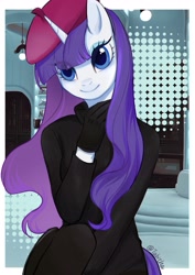 Size: 2480x3508 | Tagged: safe, artist:tabithaqu, rarity, unicorn, anthro, g4, beatnik rarity, beret, clothes, hat, high res, horn, solo, sweater